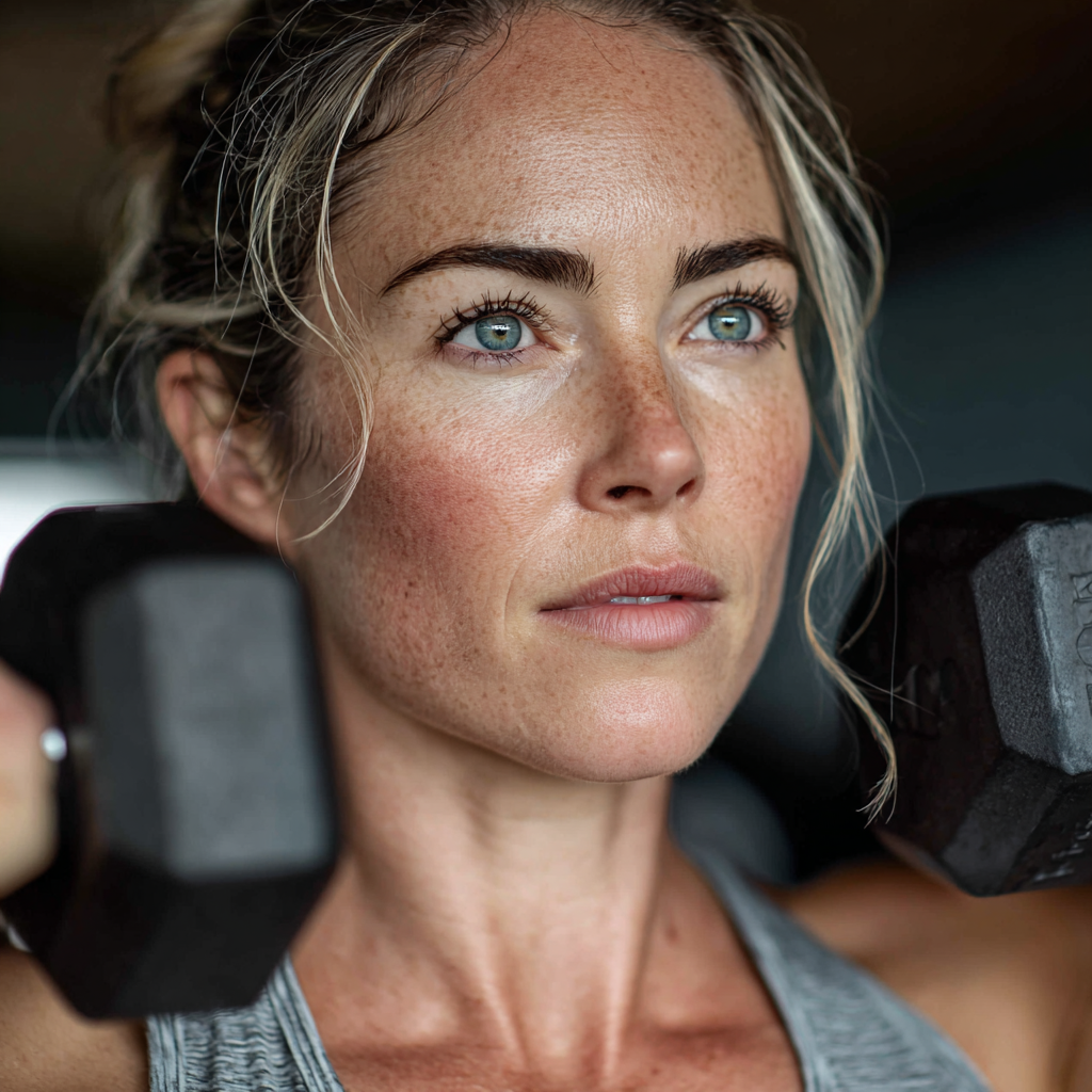 Active woman in her late 40s doing strength training with dumbbells in a modern gym, focused and determined expression, wearing professional workout attire