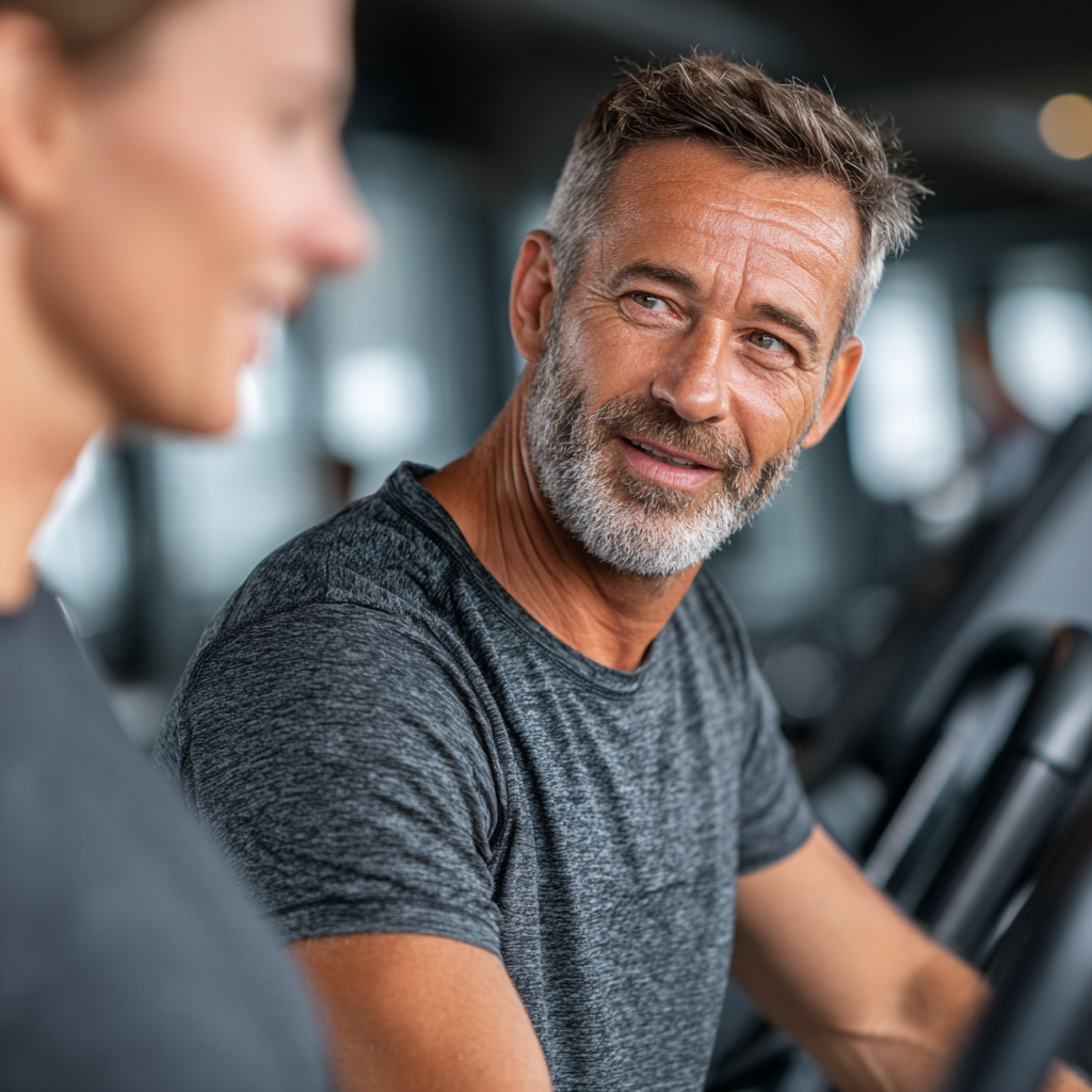 Fitness trainer in his early 50s working with a client, both focused and engaged, modern gym equipment visible in background, professional and encouraging atmosphere