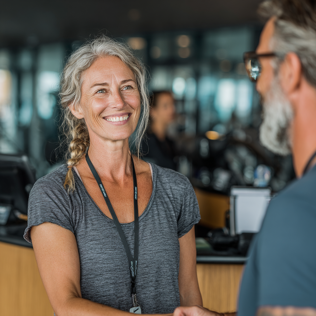 Smiling fitness instructor in her early 50s welcoming a new member, both looking confident and motivated, modern gym reception area with professional ambiance
